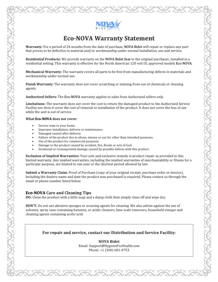 Eco-NOVA Bidet Warranty